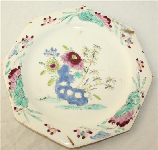 Two Bow porcelain polychrome plates, c.1754, 21cm and 23cm, circular plate cracked, octagonal plate with slight chips